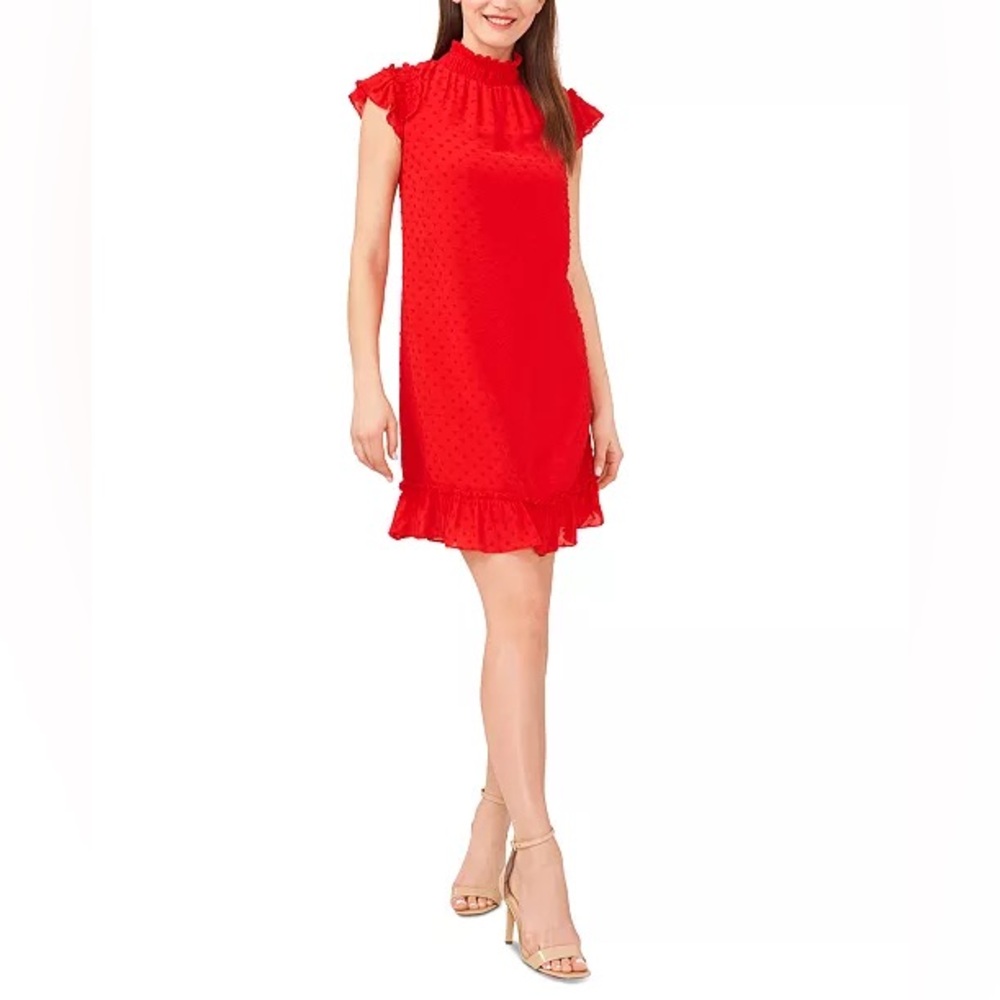 NWT CeCe Mock Neck Flutter Sleeve Clip Dot Dress in Fireball Size XS